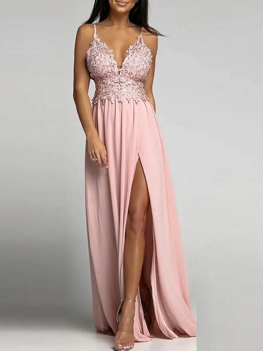 Elegant Pink and Green Lace Maxi Dress for Women