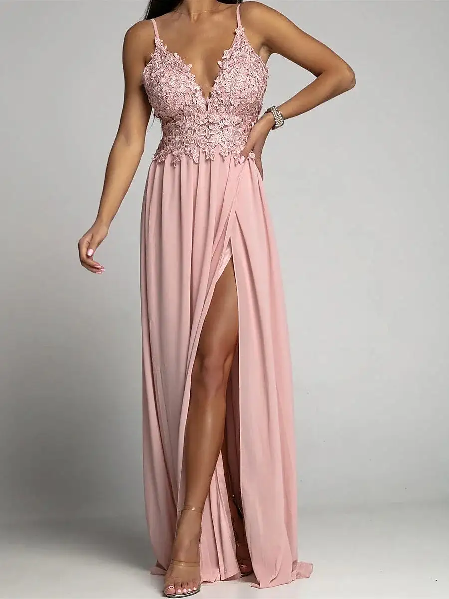 Elegant Pink and Green Lace Maxi Dress for Women