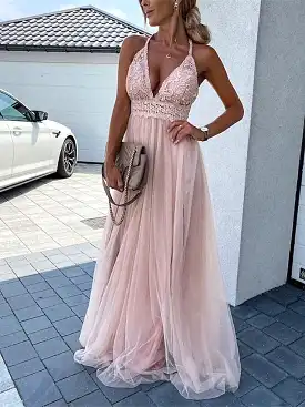 Elegant Pink and Green Lace Spaghetti Strap Maxi Dress for Women