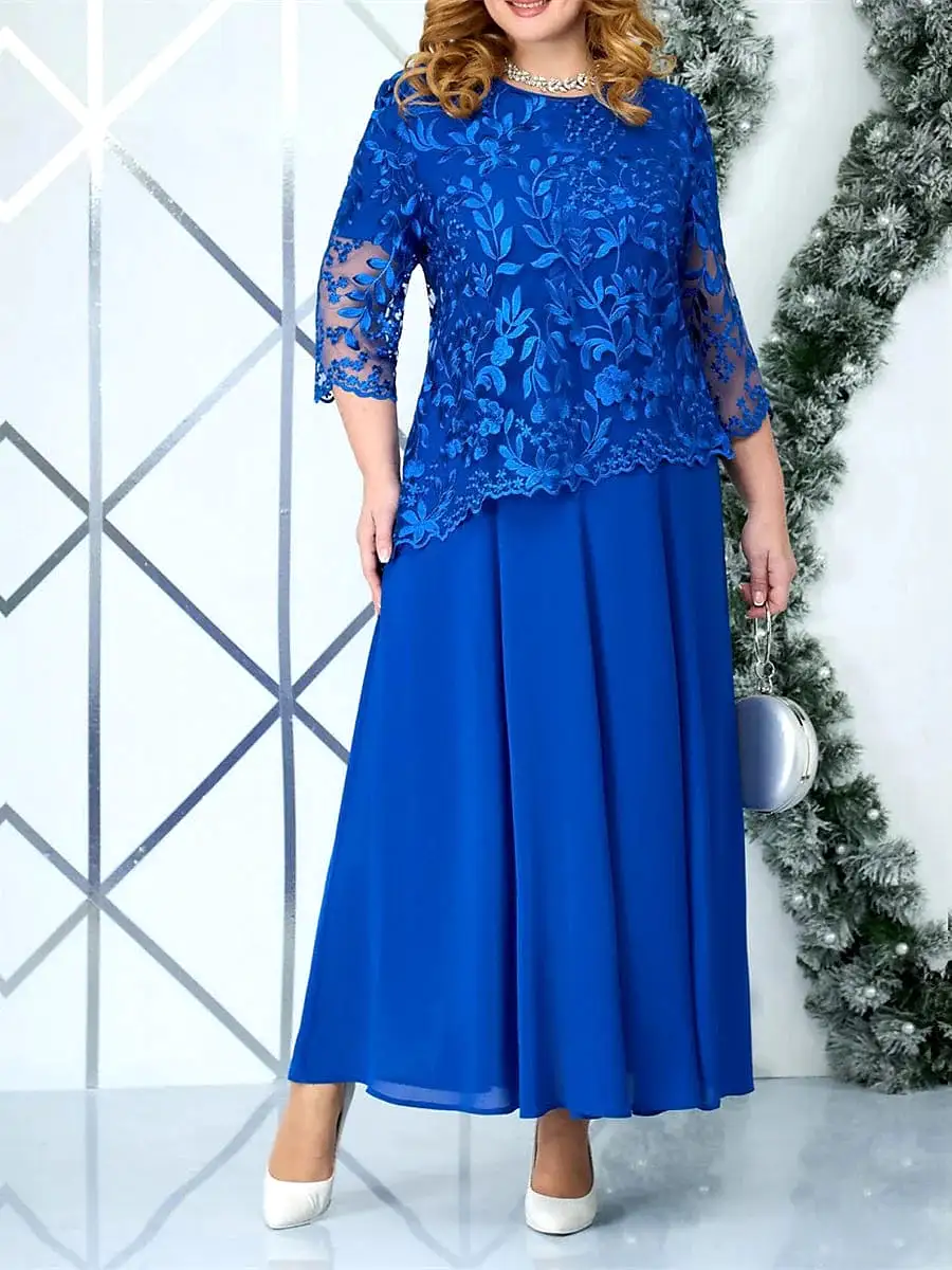 Elegant Plus Size Lace Maxi Dress with Ruched Neck