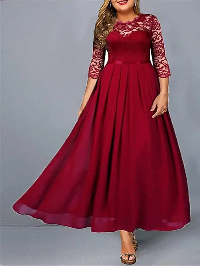 Elegant Plus-Size Lace Party Maxi Dress with 3/4 Sleeve