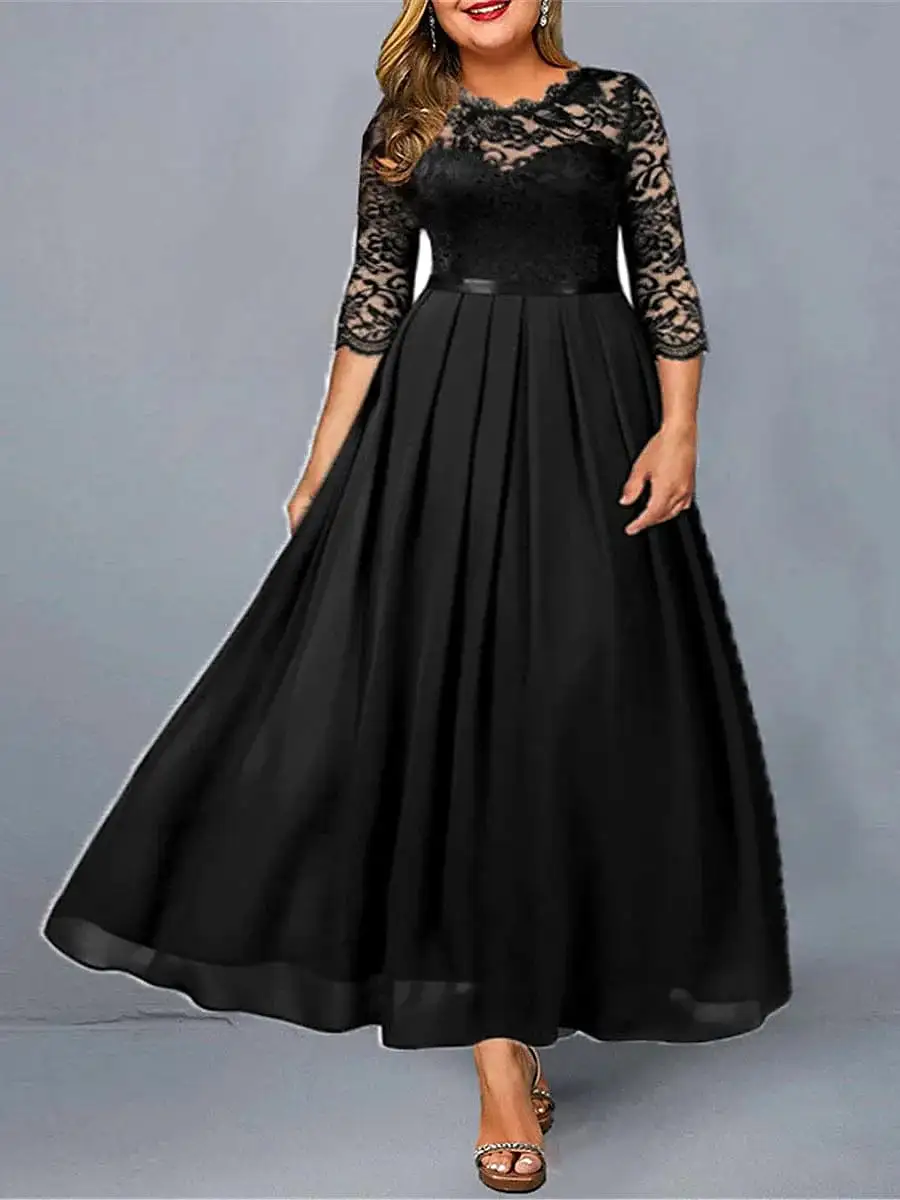 Elegant Plus-Size Lace Party Maxi Dress with 3/4 Sleeve