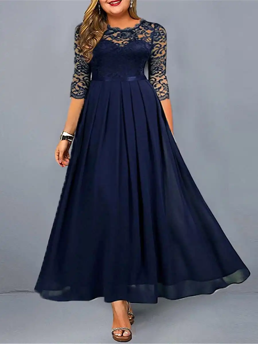 Elegant Plus-Size Lace Party Maxi Dress with 3/4 Sleeve