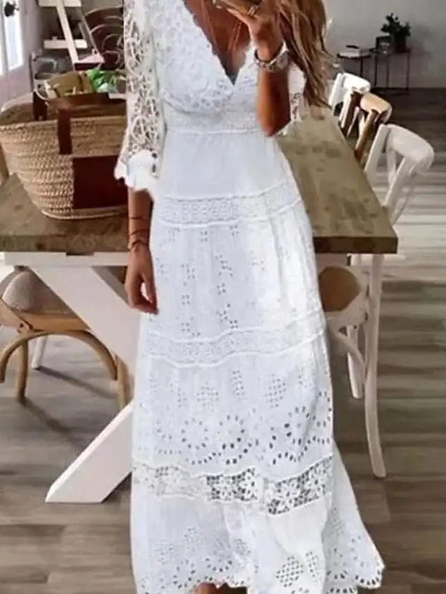 Elegant White Lace Maxi Dress with V-Neck and 3/4 Sleeves - Sizes S-XXL