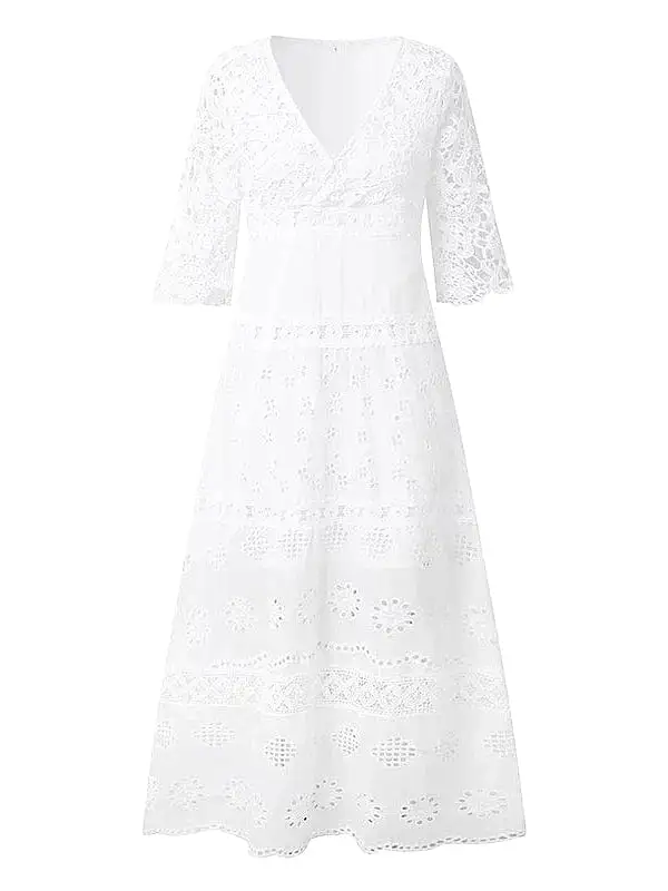 Elegant White Lace Maxi Dress with V-Neck and 3/4 Sleeves - Sizes S-XXL