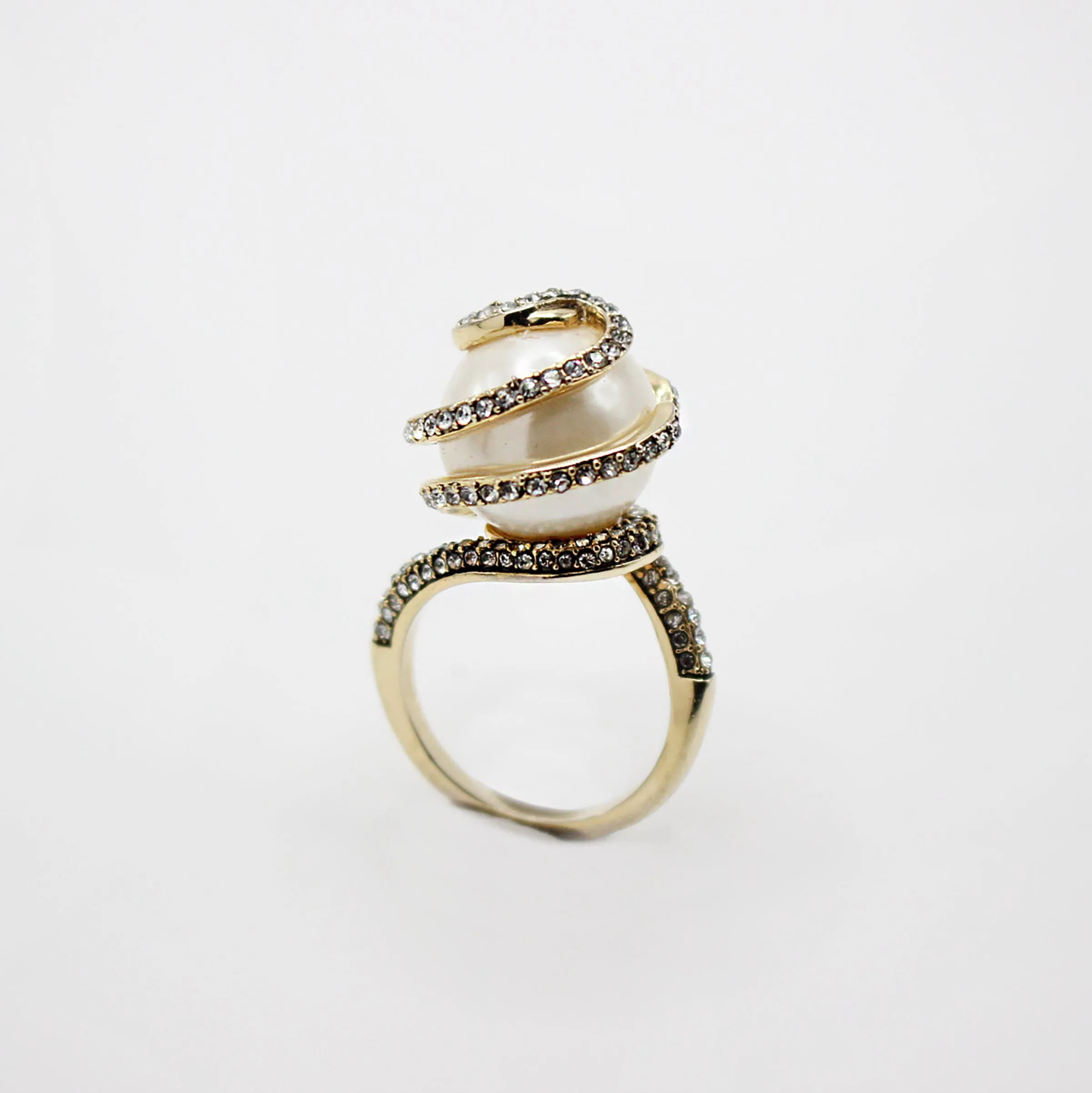 Elizabeth Spiraling & Sparkling Glass Pearl Cocktail Ring