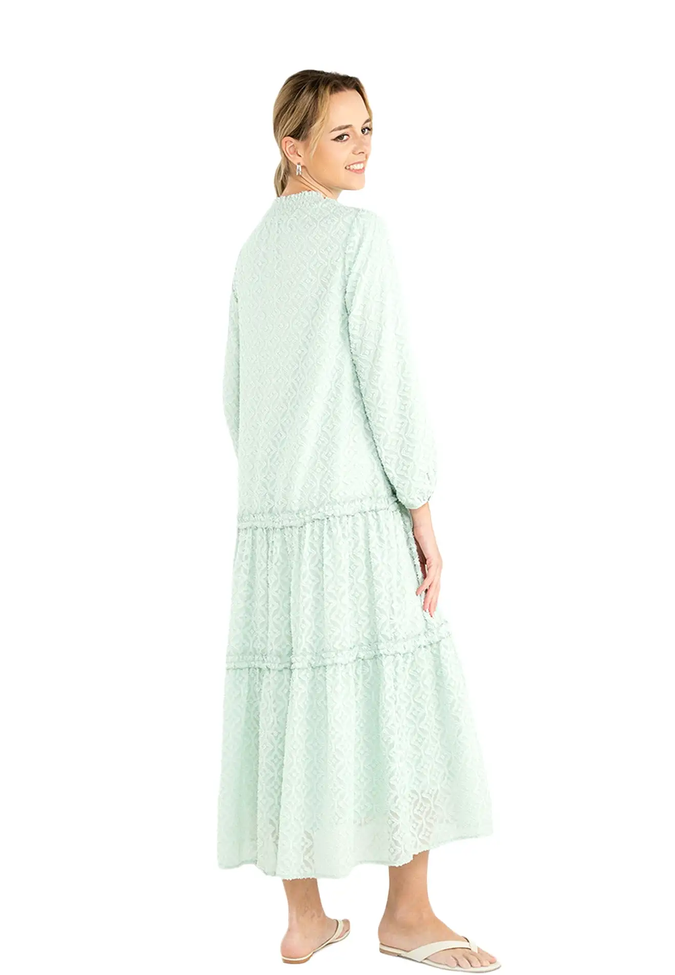 ELLE Apparel Tufted Lace Ruffle Hemline Maxi Dress