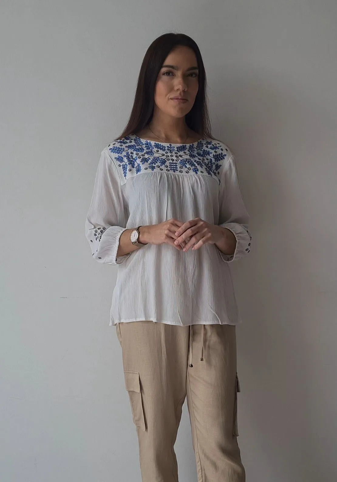 Embroider Yoke Cheesecloth Blouse - White