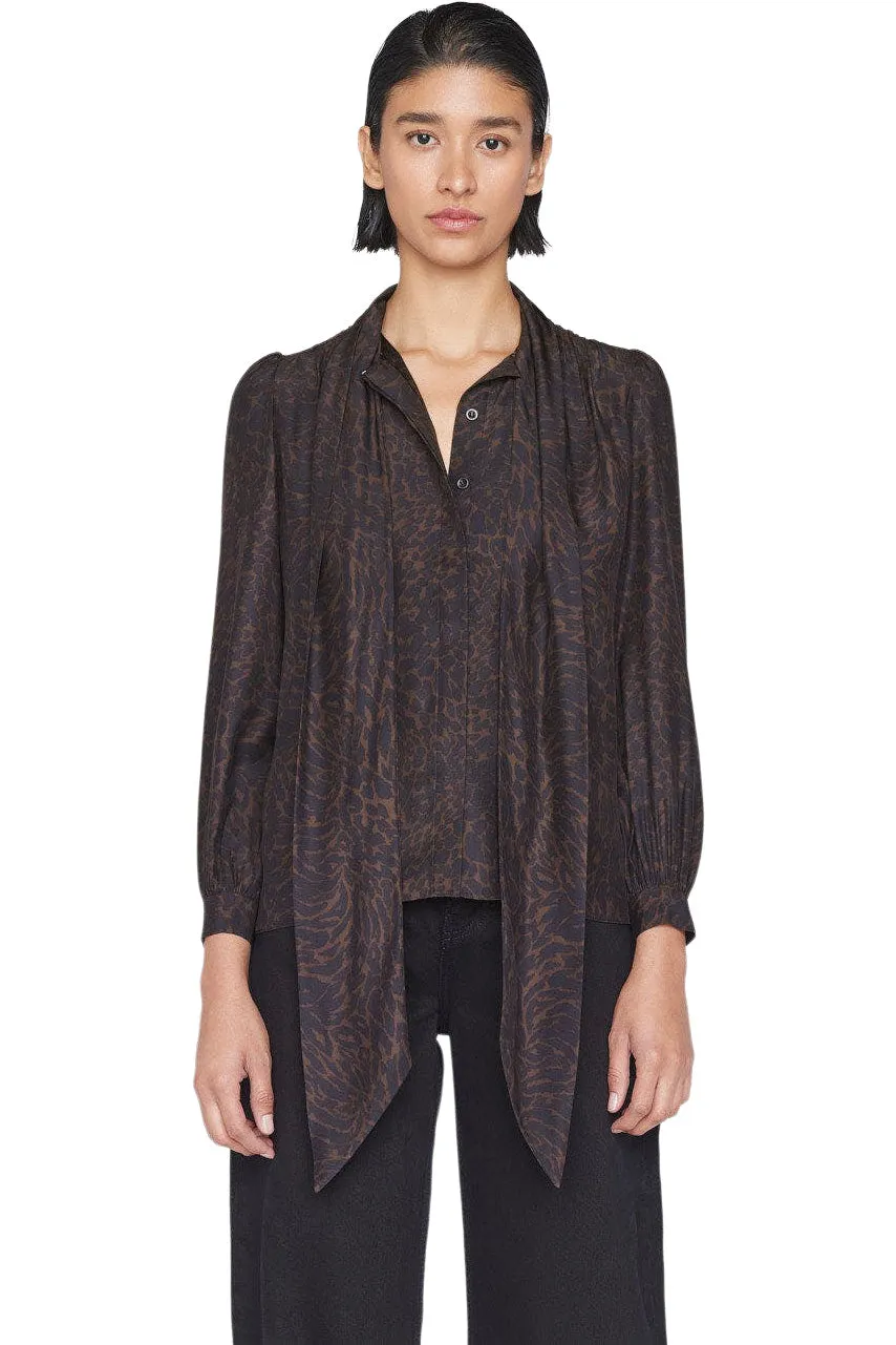 Frame Denim Femme Tie Neck Blouse in Espresso Multi