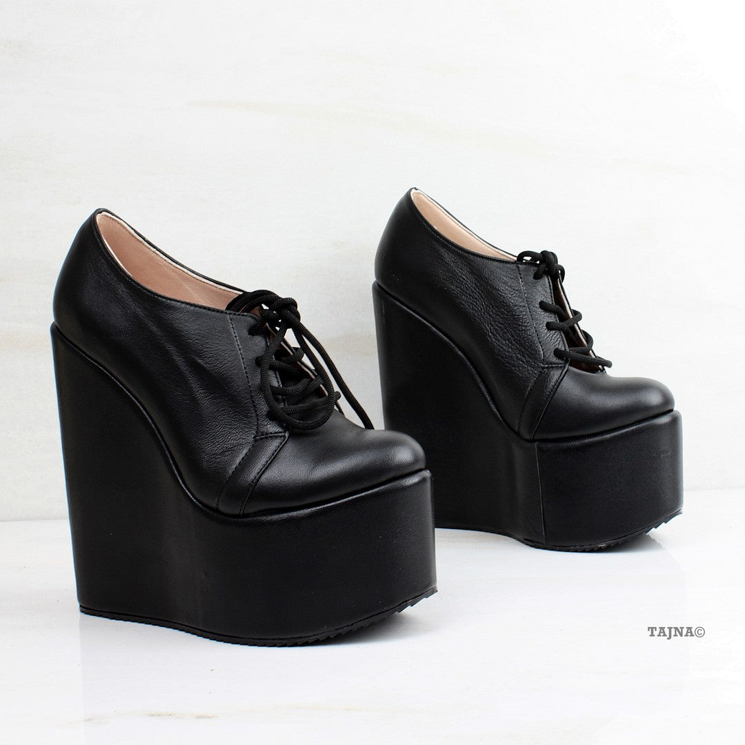 Genuine Leather Black Wedges Lace Up Platforms