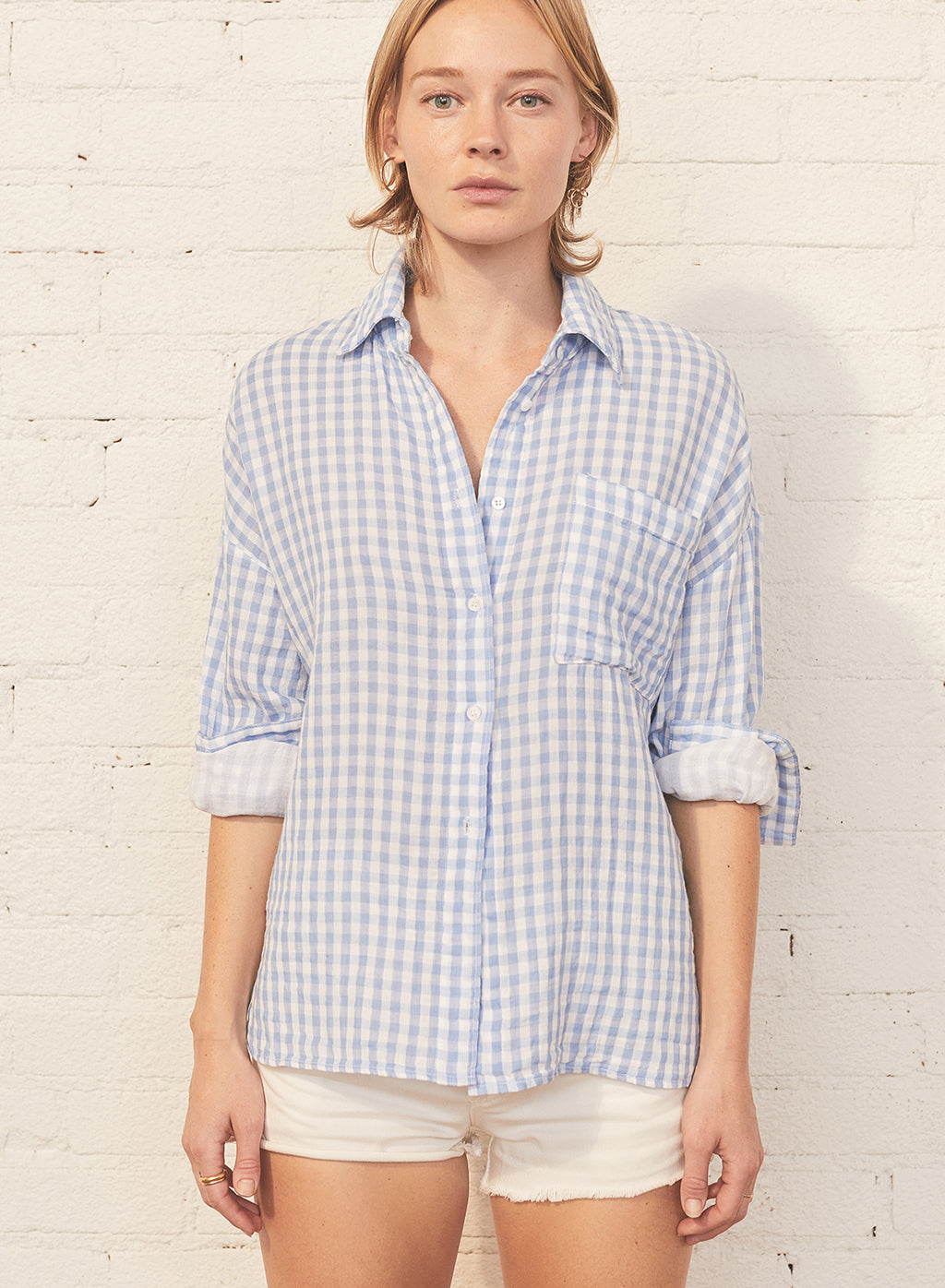 Gingham Double-Faced Gauze Oversized Shirt in White