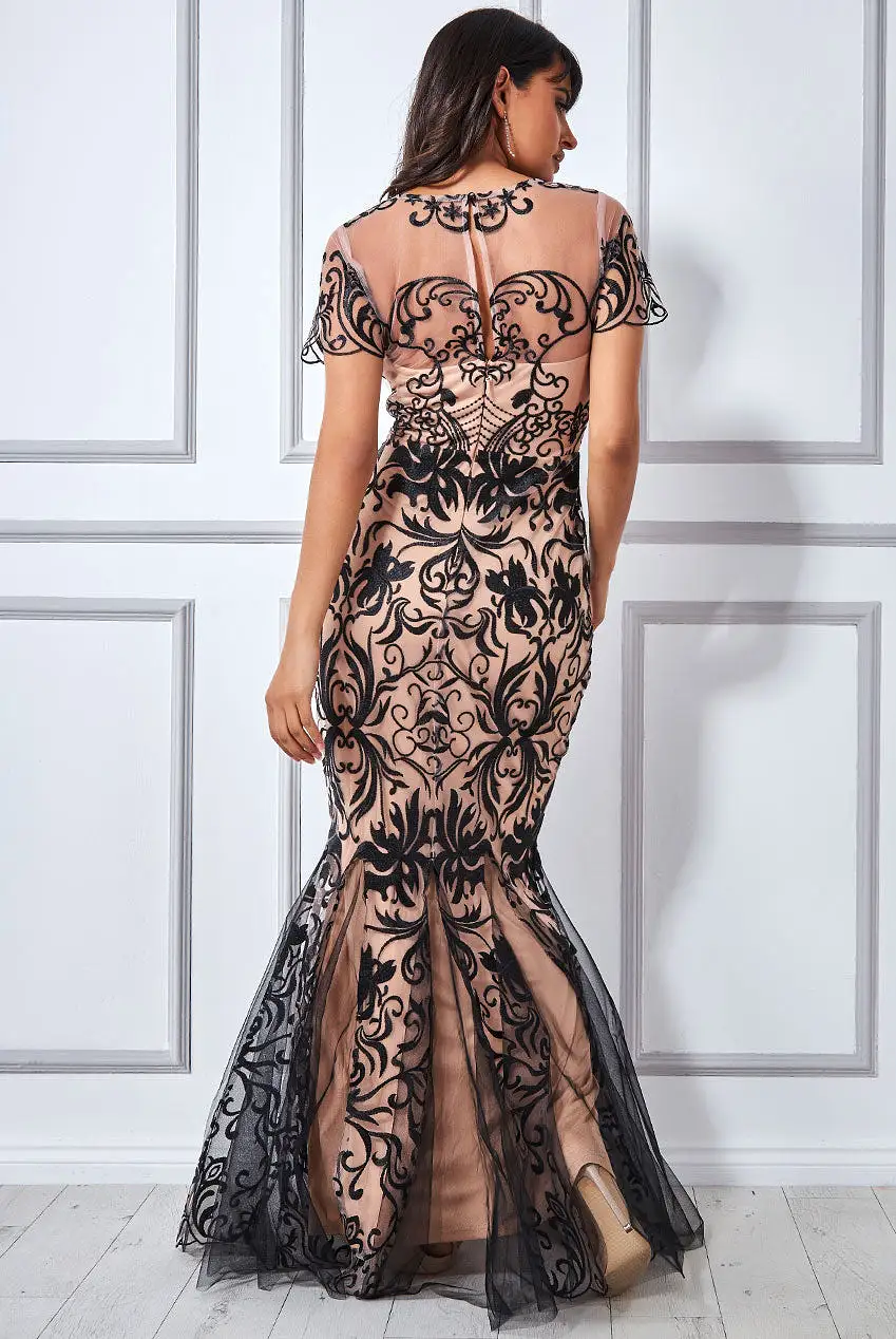 Goddiva Embroidered Mesh & Lace Maxi With Scalloped Hem