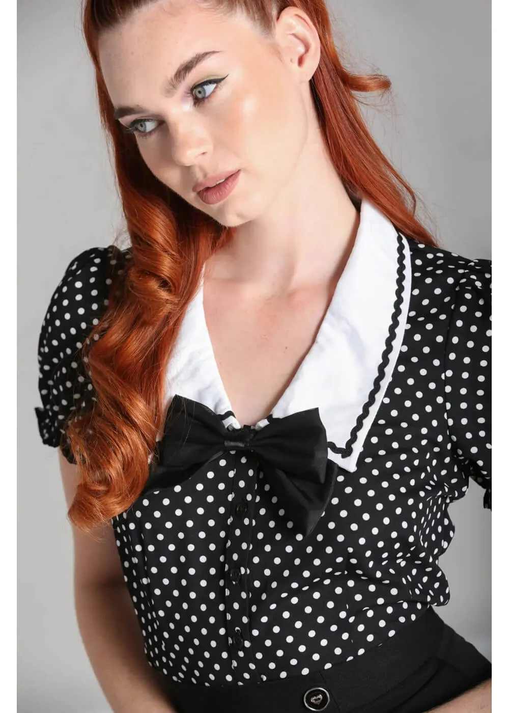 Hell Bunny Naomi Polkadot 40's Blouse Black White