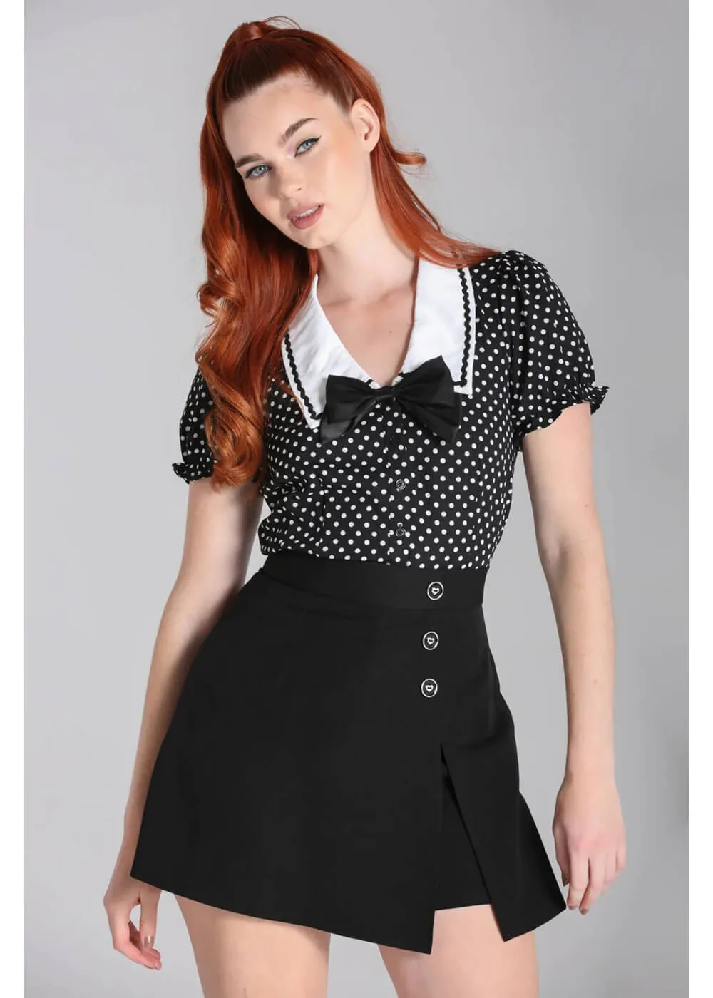 Hell Bunny Naomi Polkadot 40's Blouse Black White