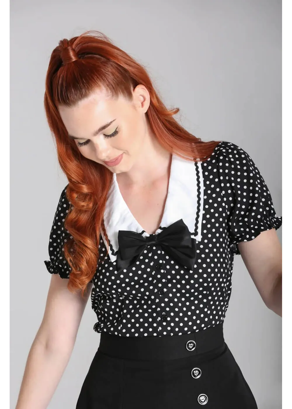 Hell Bunny Naomi Polkadot 40's Blouse Black White