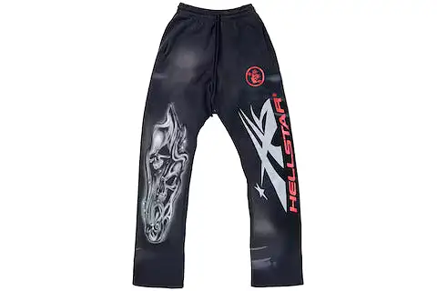 Hellstar Airbrushed Skull Flare Bottom Sweatpants Midnight Dye Black