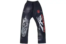 Hellstar Airbrushed Skull Flare Bottom Sweatpants Midnight Dye Black