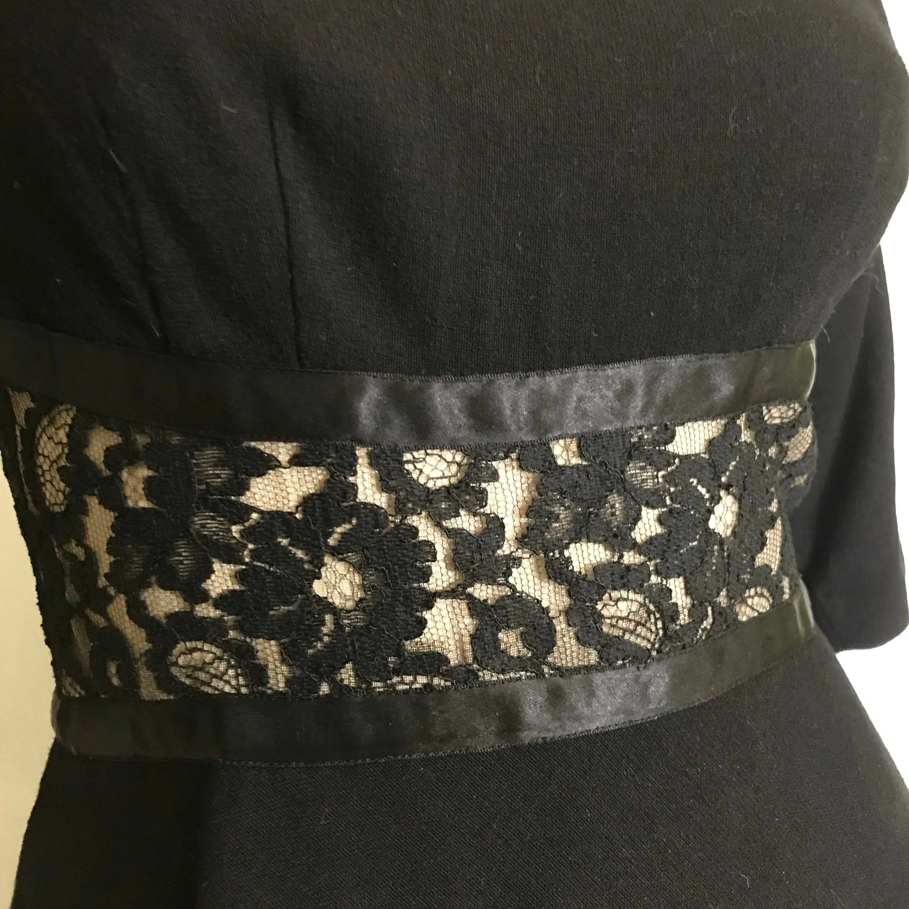 Illusion Lace Waist Black Wool Cocktail Dress circa 1960s