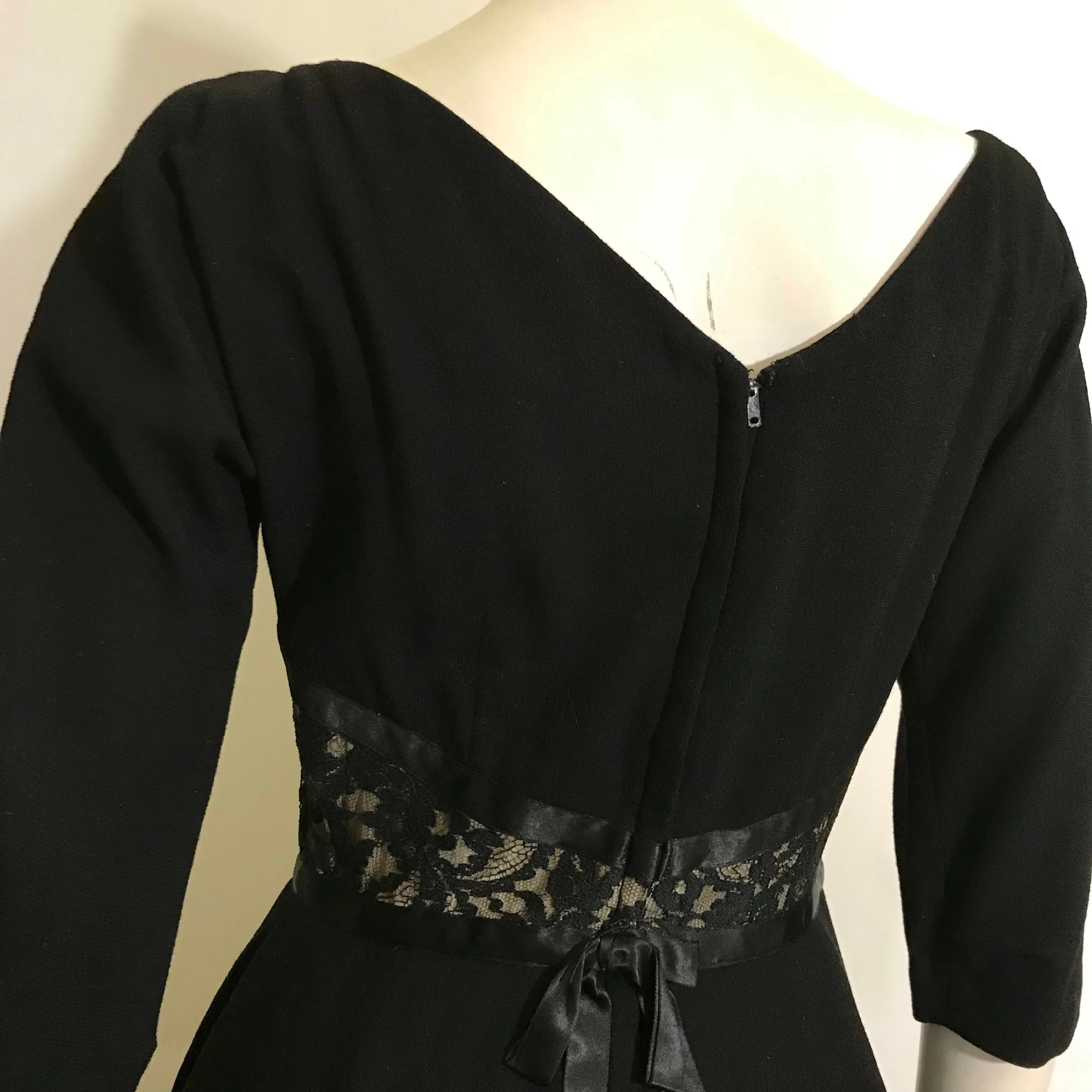 Illusion Lace Waist Black Wool Cocktail Dress circa 1960s