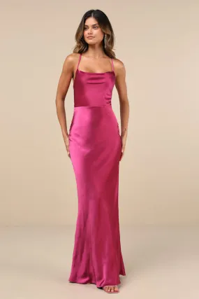 Inspire Romance Magenta Satin Cowl Neck Lace-Up Maxi Dress