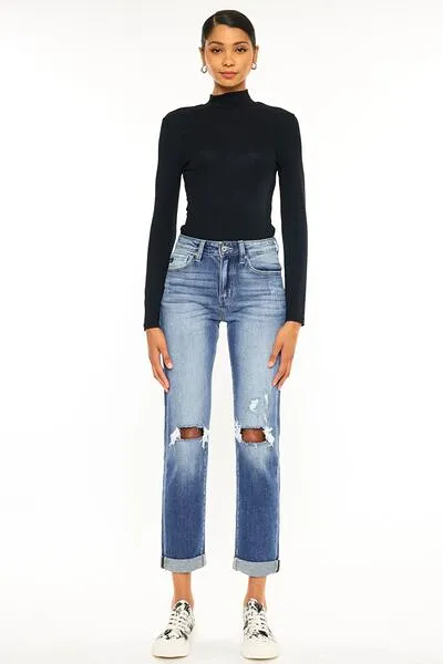 Kancan High Waist Distressed Hem Detail Cropped Straight Jeans