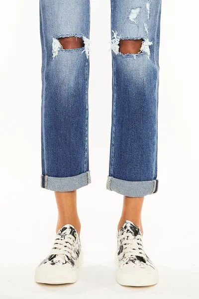 Kancan High Waist Distressed Hem Detail Cropped Straight Jeans