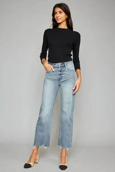 Kancan High Waist Raw Hem Cropped Wide Leg Jeans