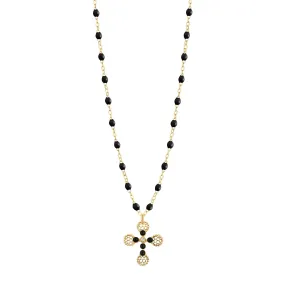 Lace Cross Diamond Necklace, Black, Yellow Gold, 16.5