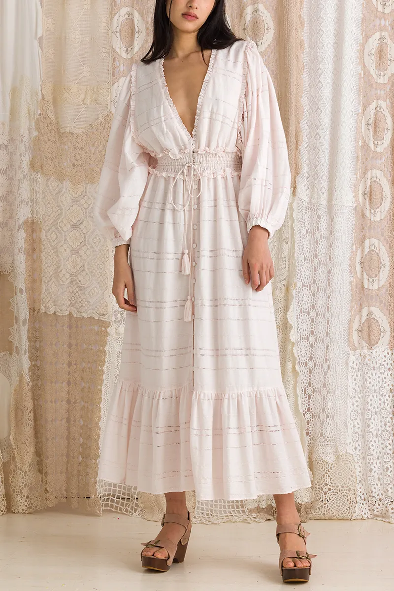 Ladder Lace Balloon Sleeve Midi - Pink Marshmallow