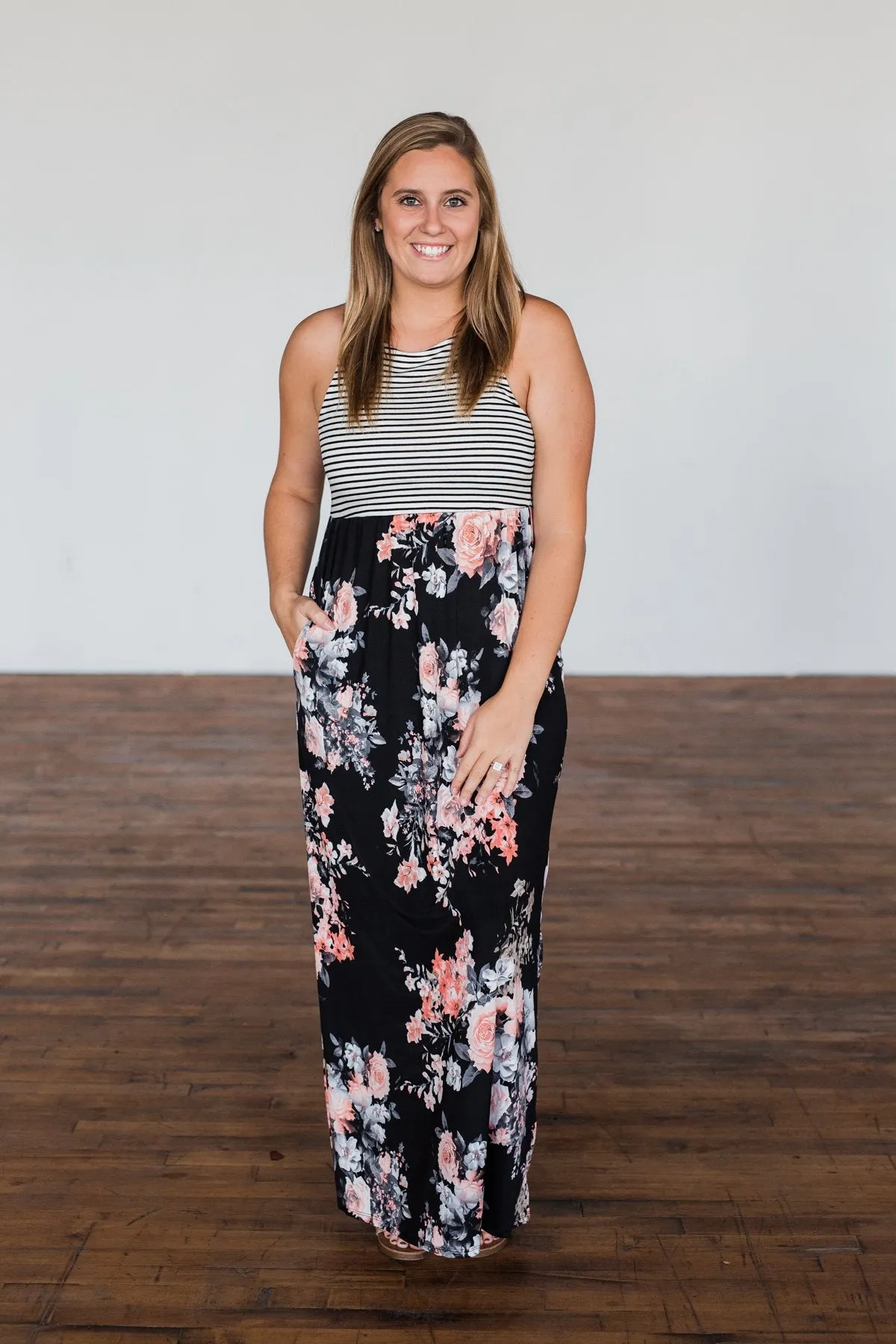 Like You Do Floral & Stripes Maxi Dress- Black & Off White