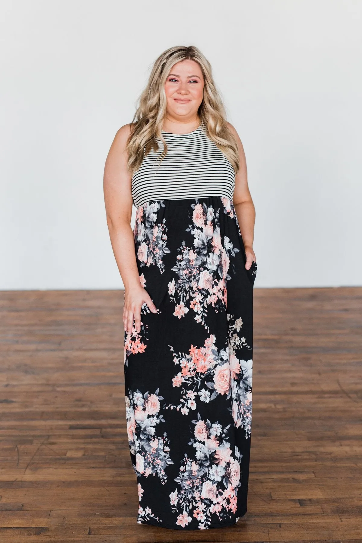 Like You Do Floral & Stripes Maxi Dress- Black & Off White