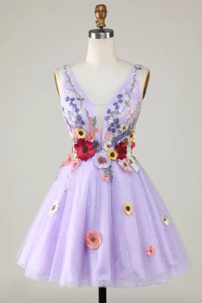 Lilac Colorful 3D Floral V-Neck Backless Homecoming Dress