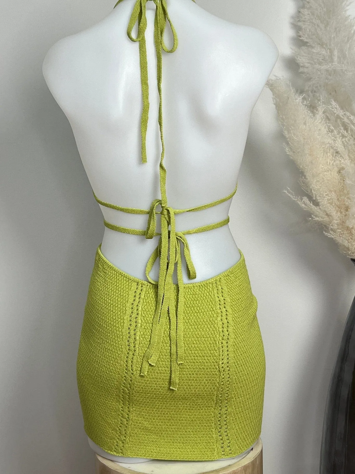 Lime Green Crochet Knit Halter Neck Backless Beach Resort Mini Dress