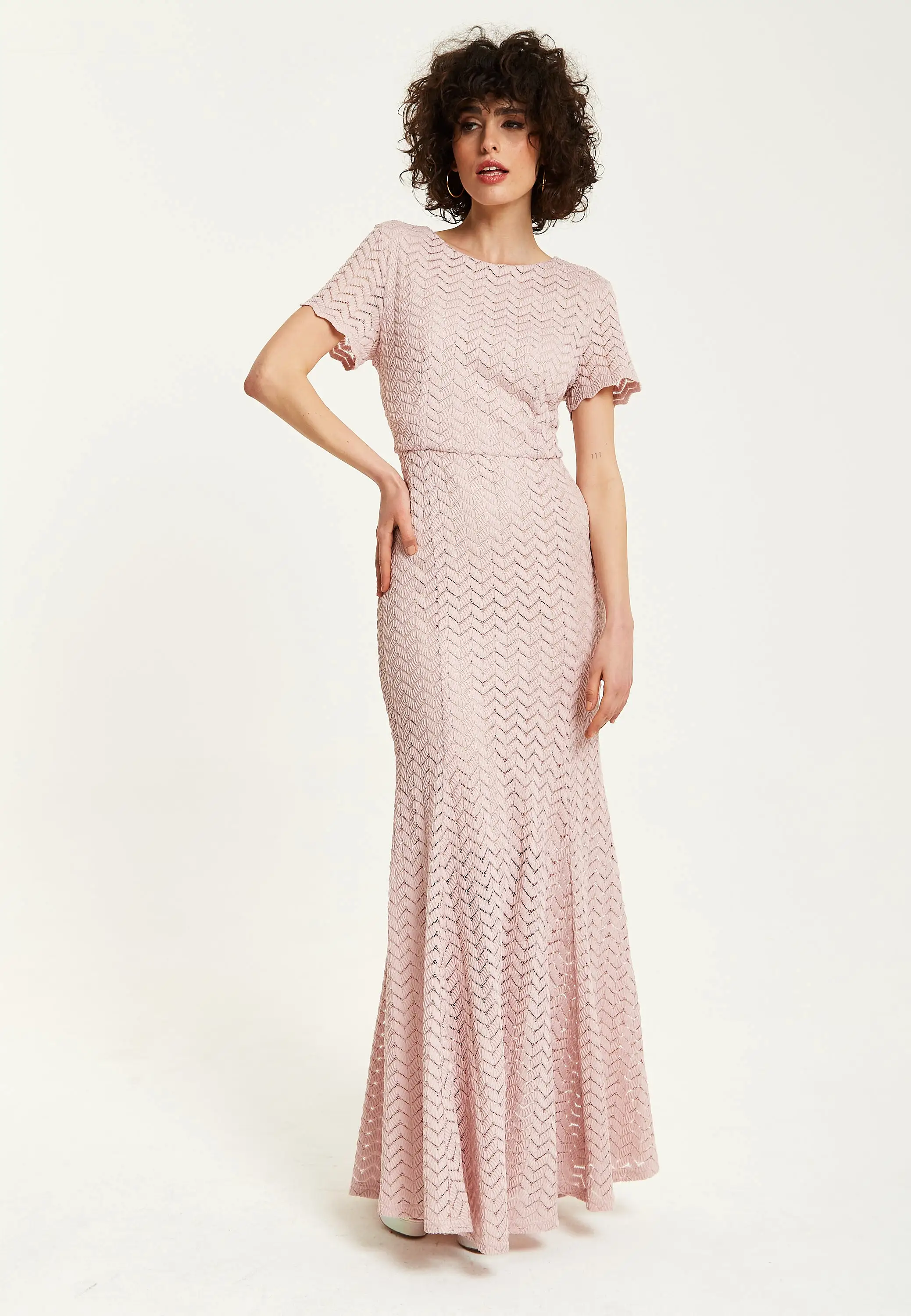 Liquorish Light Pink Lace Maxi Dress With Open Back Detail