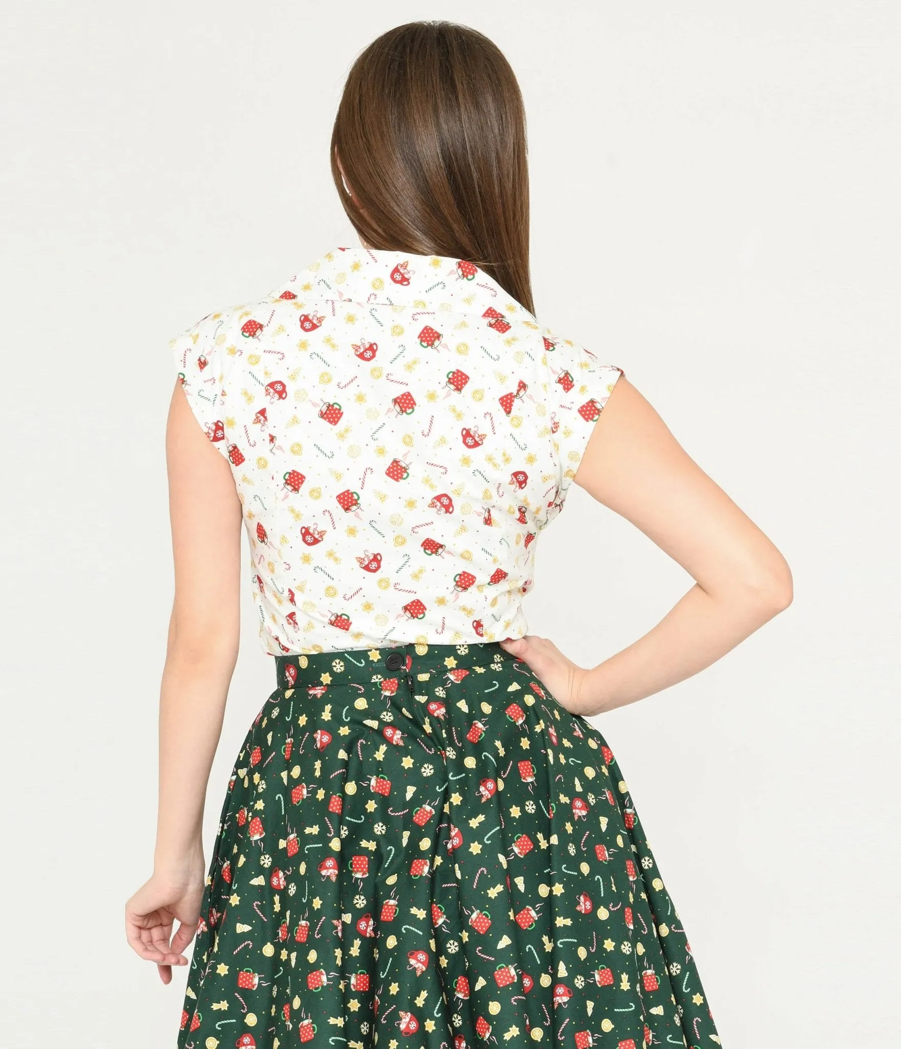 Magnolia Place White & Holiday Print Tamara Blouse