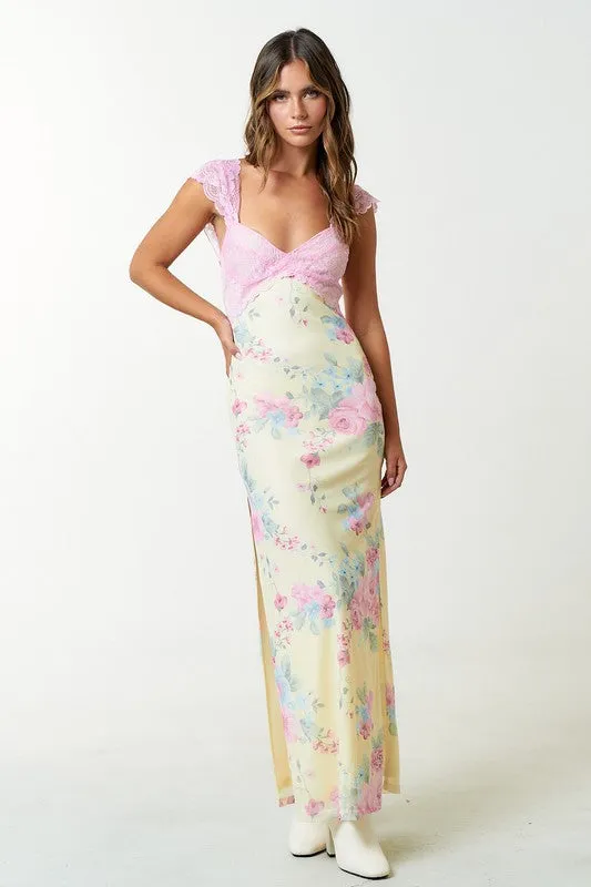 Mesh Floral Lace Side Slit Maxi Dress