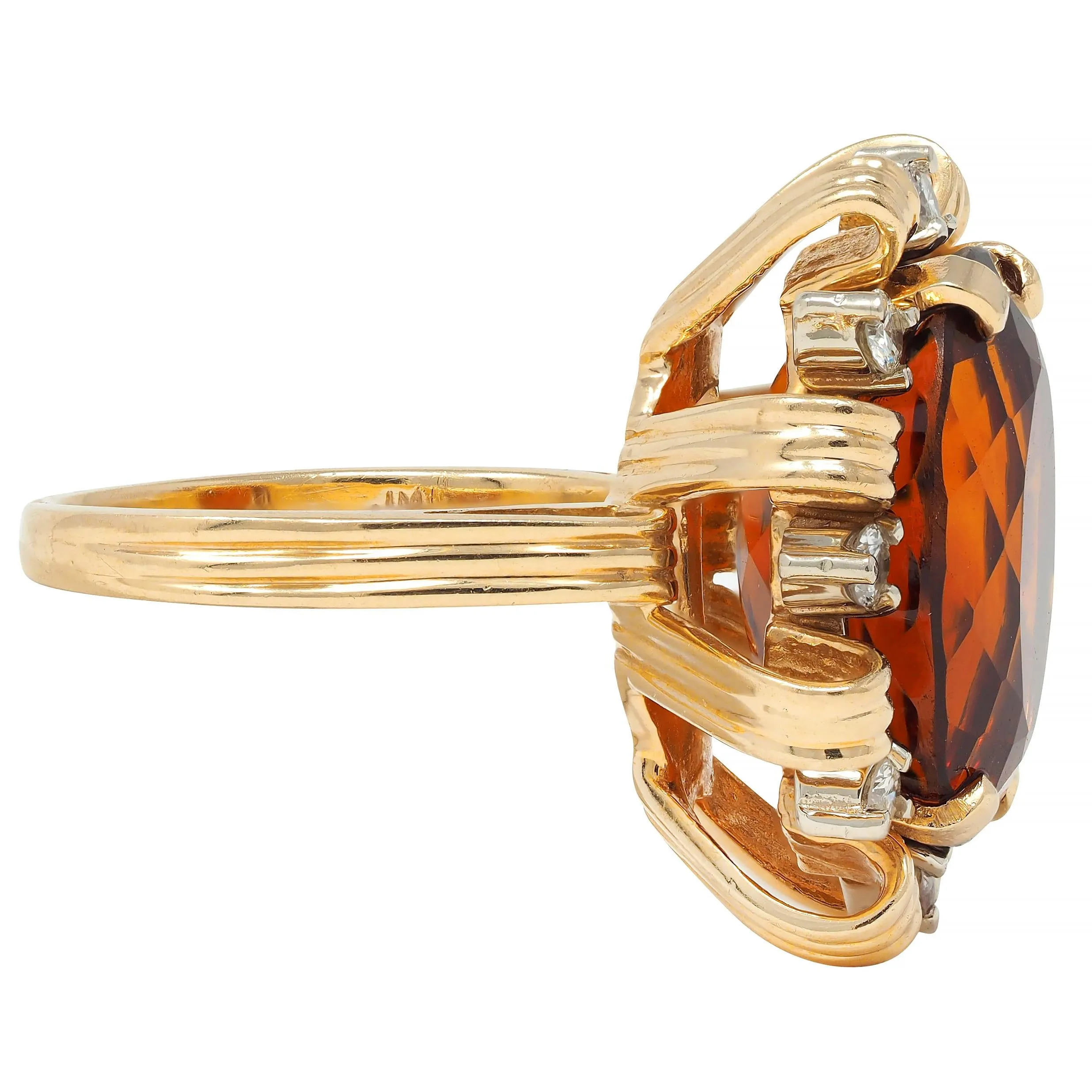 Mid-Century 13.75 CTW Citrine Diamond Platinum 18 Karat Two-Tone Gold Vintage Ribbon Cocktail Ring