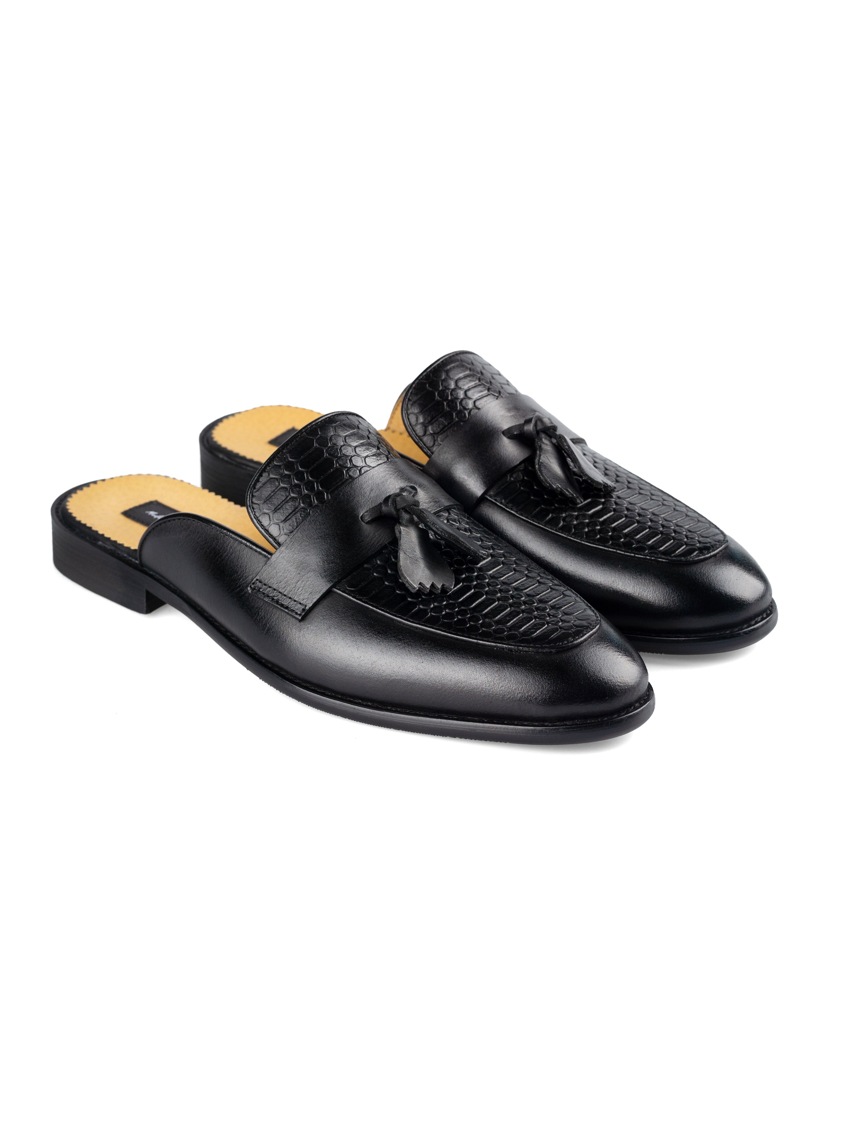 Mules Belgian Tassel - Black Phyton Leather