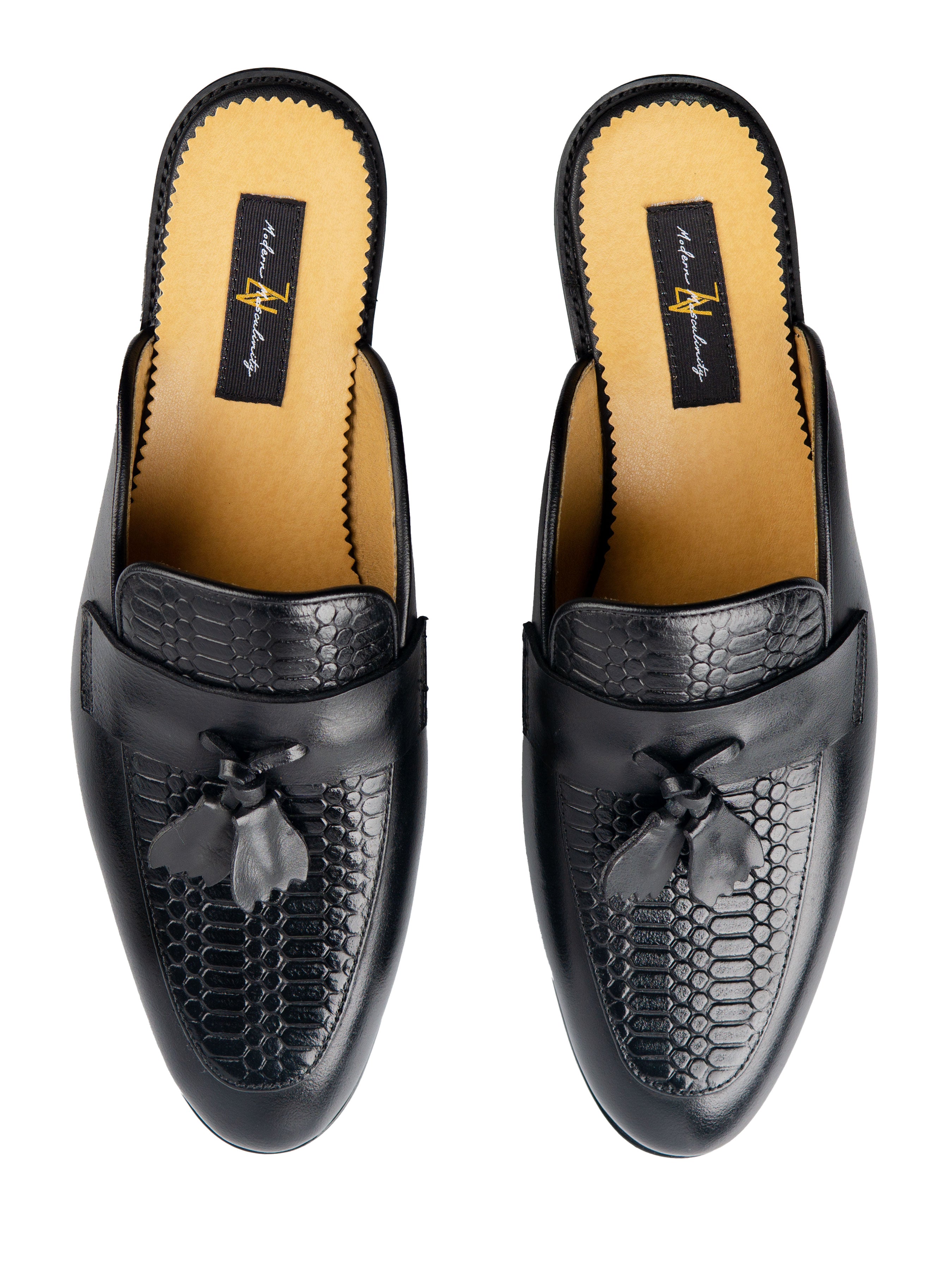 Mules Belgian Tassel - Black Phyton Leather