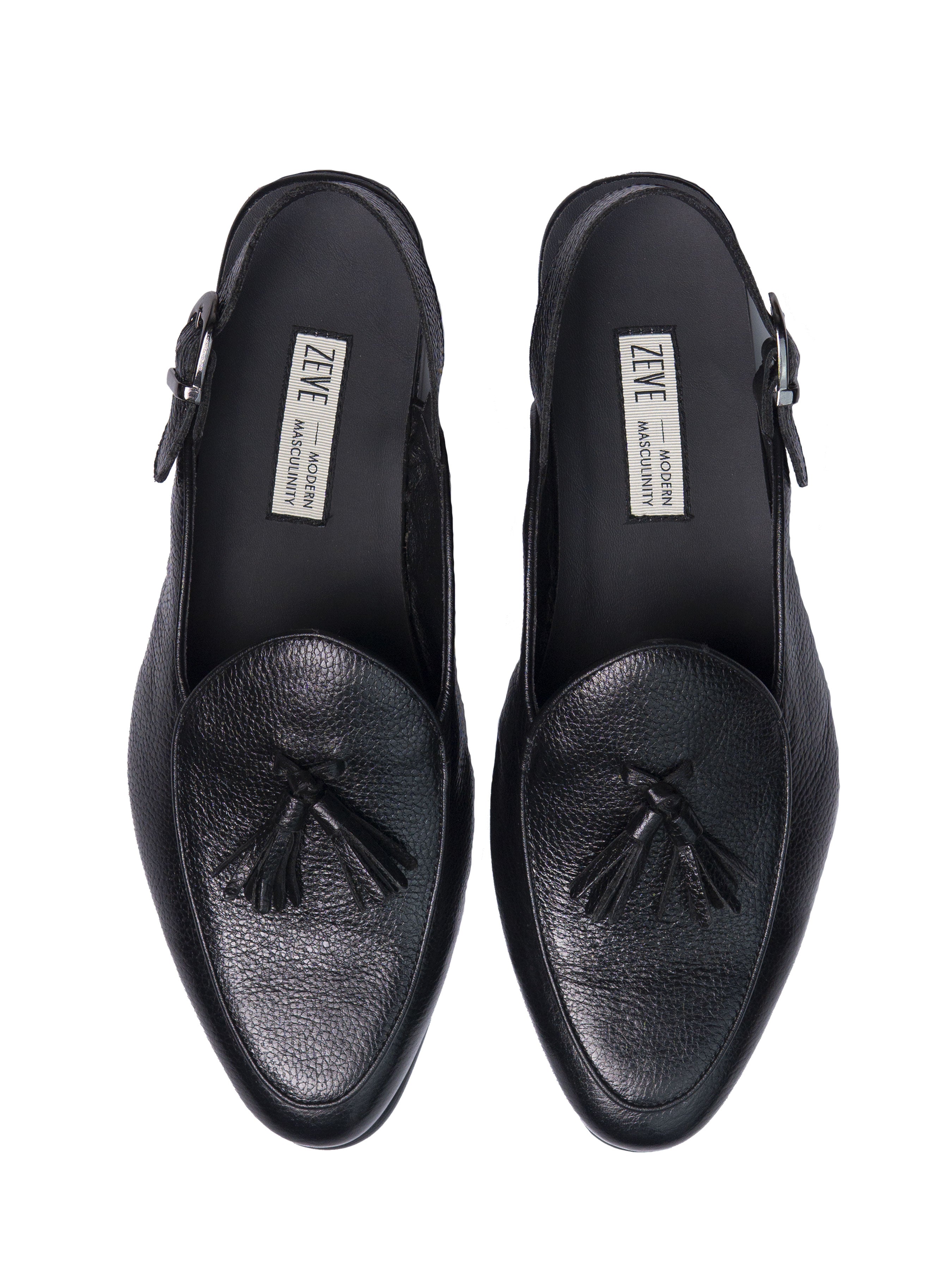 Mules Belgian Tassel Slingback Strap - Black Pebble Grain Leather