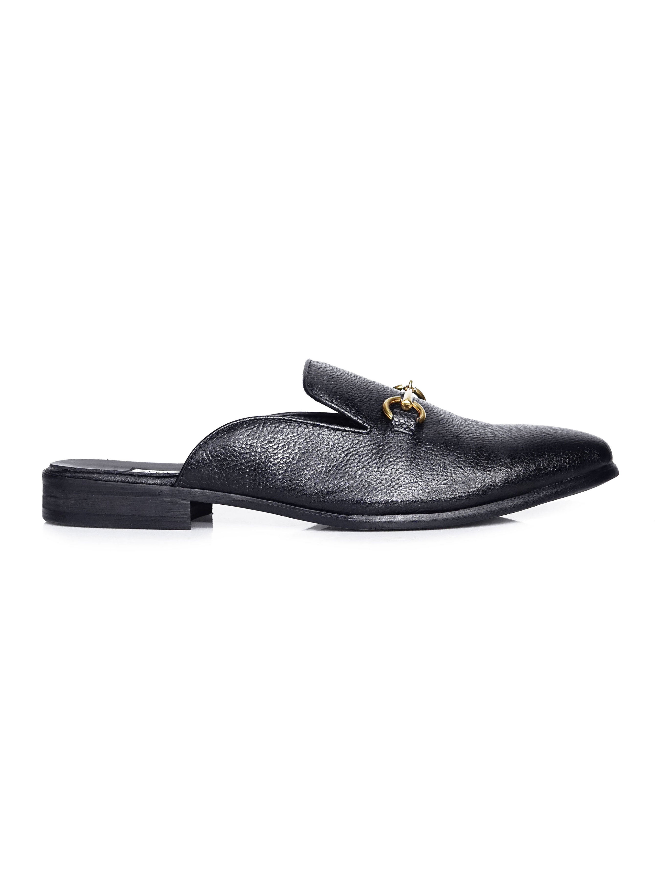 Mules - Black Pebble Grain Leather Horsebit Buckle