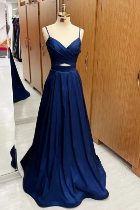 Navy Blue Surplice Cutout Lace-Up Maxi Graduation Formal Dress