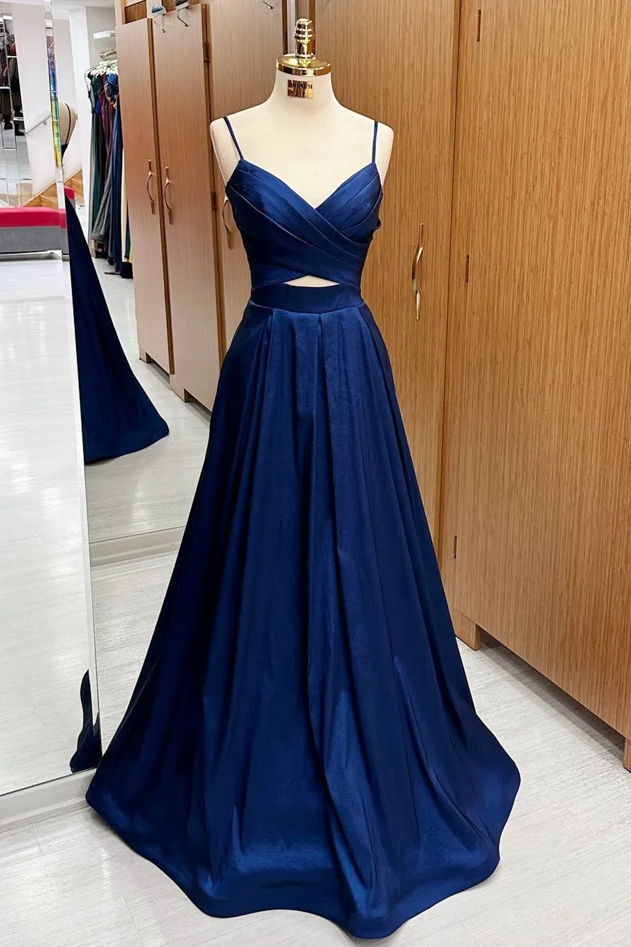 Navy Blue Surplice Cutout Lace-Up Maxi Graduation Formal Dress