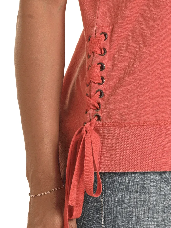 Panhandle LW50T03397 Womens Graphic Lace Up Side Seam Tank Coral