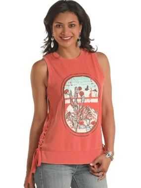 Panhandle LW50T03397 Womens Graphic Lace Up Side Seam Tank Coral