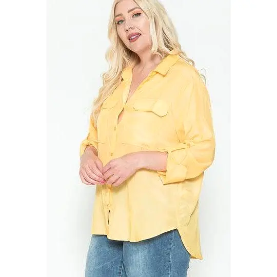 Plus Size Chest Pocket Oversized Satin Shirt