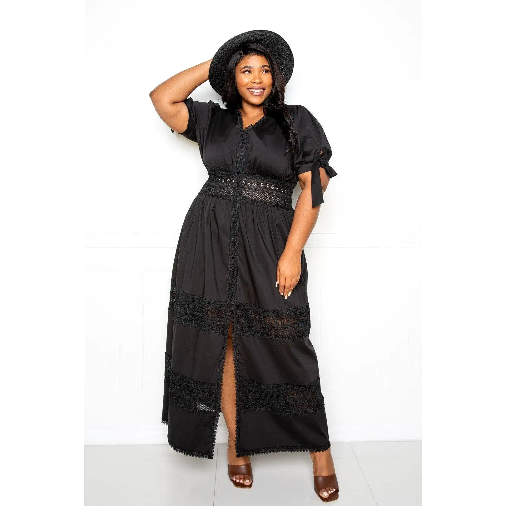 Puff Sleeve Maxi Dress With Lace Insert