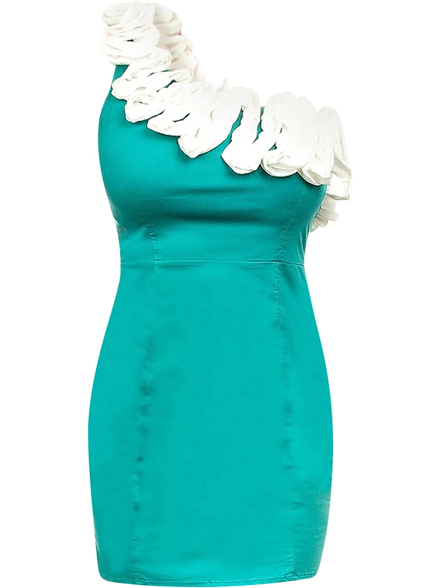 Sea foam Green One Shoulder Cocktail Dress With Ivory Ruffle Trim