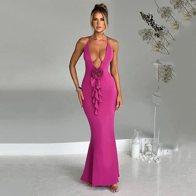 Sexy 3D Flower Ruffle Deep V-neck Backless Maxi Dress for Women