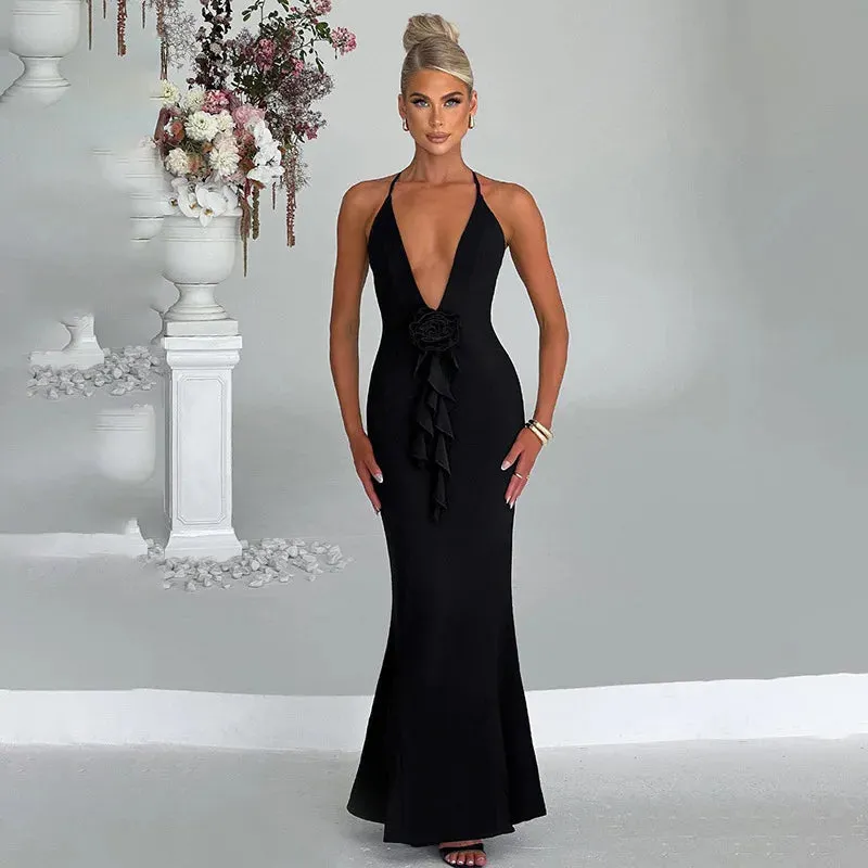 Sexy 3D Flower Ruffle Deep V-neck Backless Maxi Dress for Women